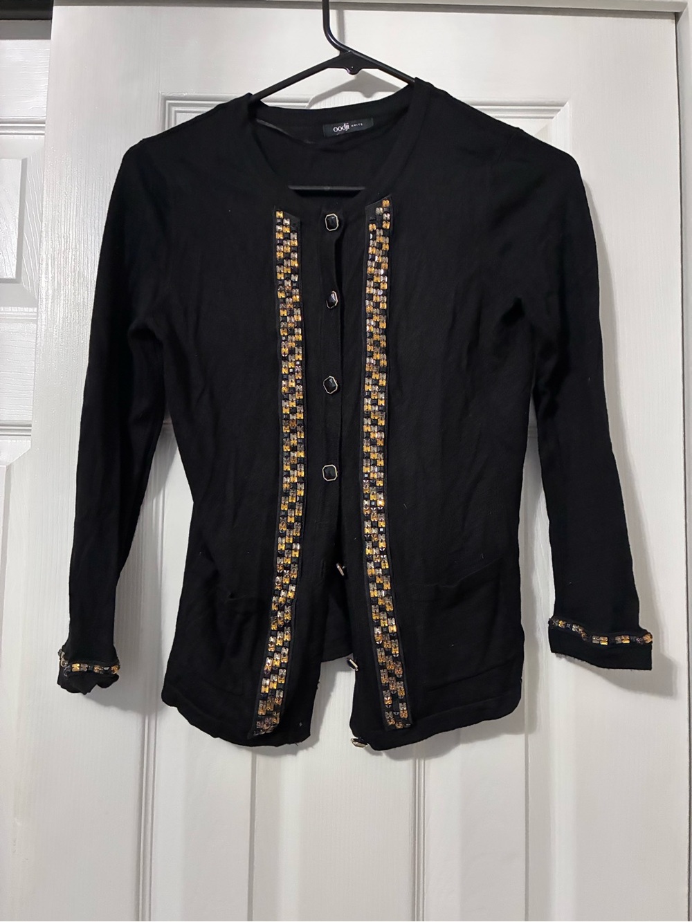Oodji Black Embellished Cardigan Blazer with Gold and Cream Trim